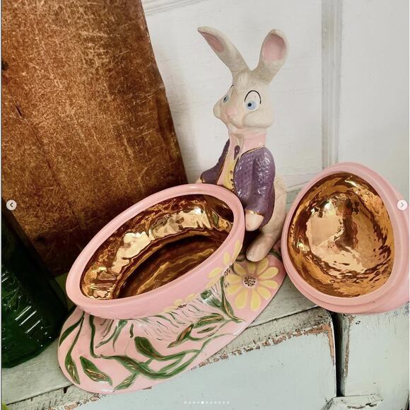 Vintage Easter Bunny Rabbit Statue Figurine Floral Egg Ceramic Atlantic Mold 2pc - Picture 2 of 10